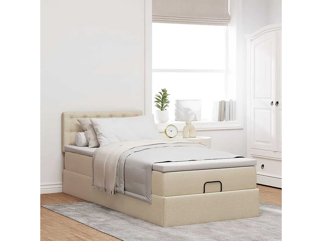 Cadre de lit ottoman avec matelas crème 90x190 cm tissu