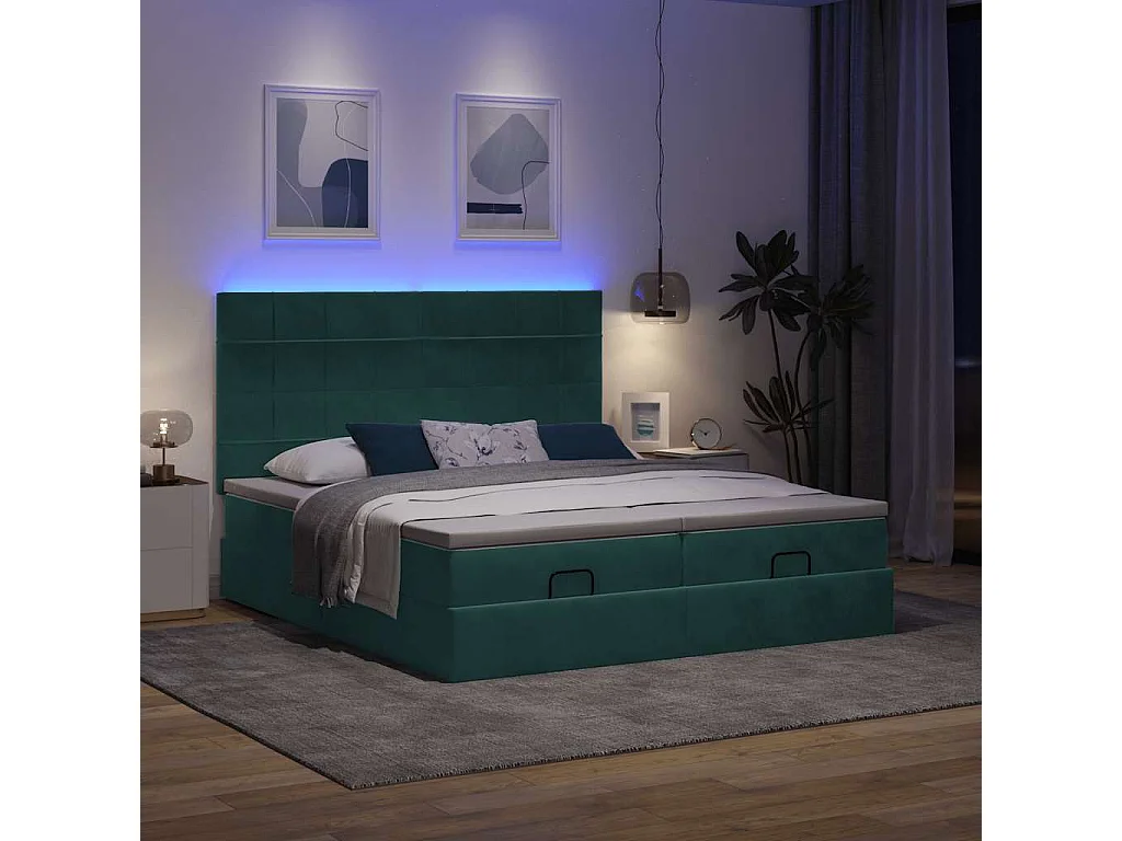 Estructura de cama otomana colchones terciopelo verde oscuro