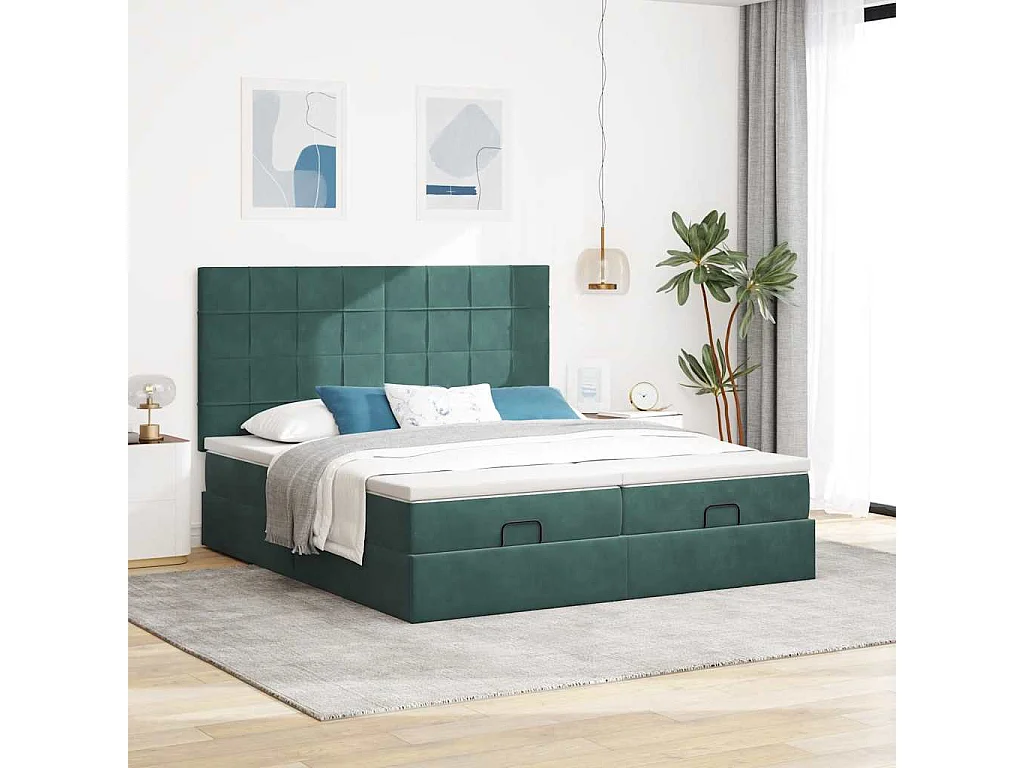 Estructura de cama otomana colchones terciopelo verde oscuro