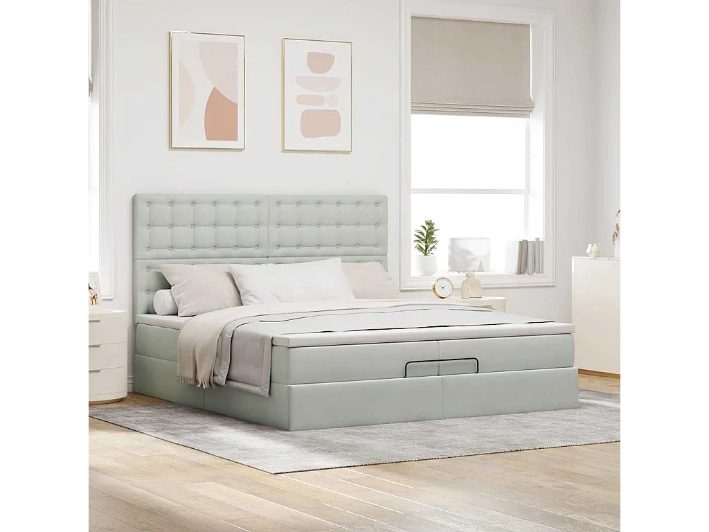 Estructura cama otomana colchones terciopelo gris claro