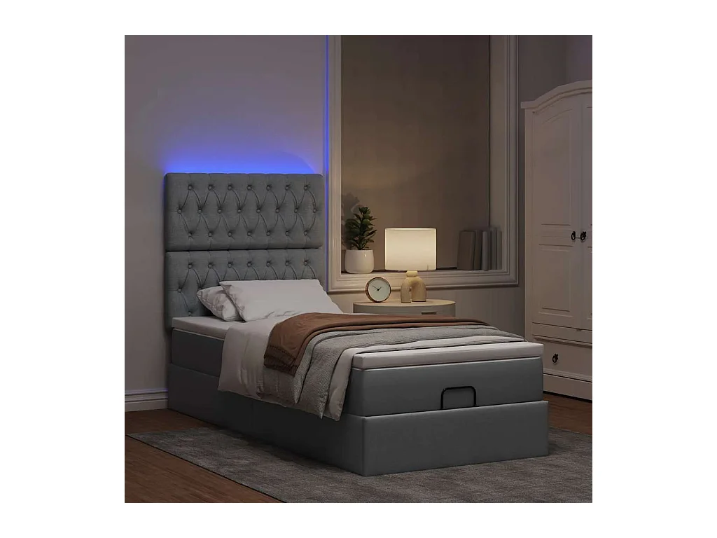 Cadre de lit ottoman et matelas gris clair 100x200 cm tissu