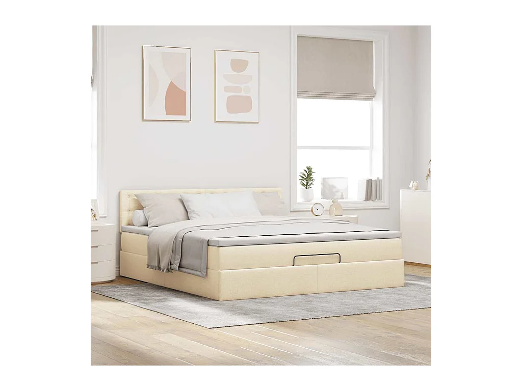 Estructura de cama otomana con colchón tela crema 180x200cm
