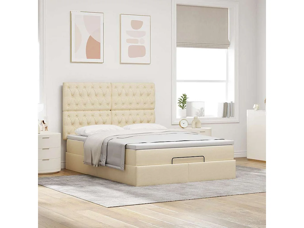 Cadre de lit ottoman avec matelas crème 140x200 cm tissu