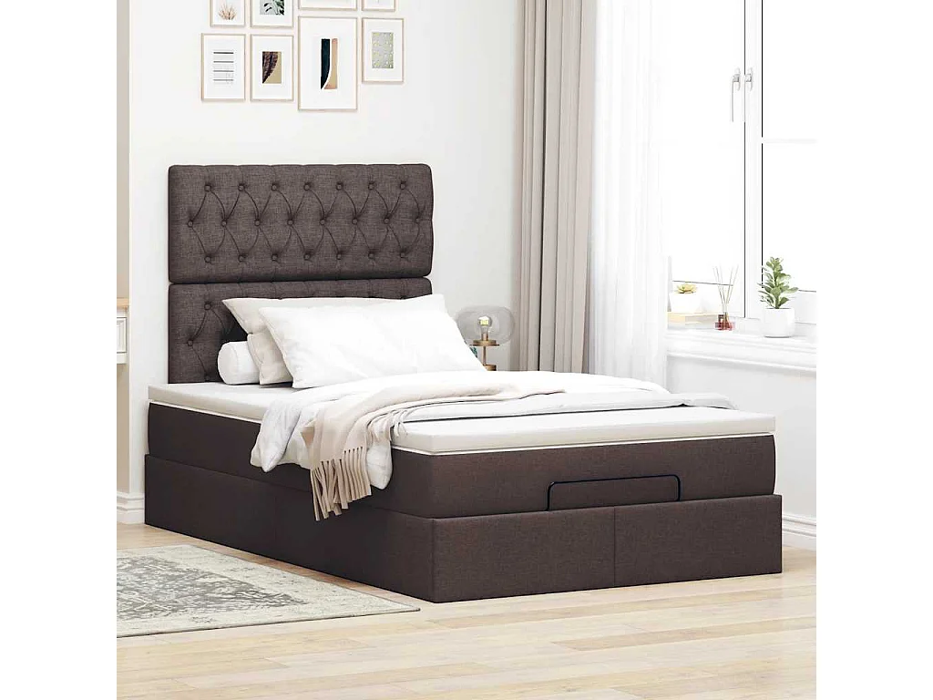 Cadre de lit ottoman avec matelas marron foncé 120x190 cm tissu