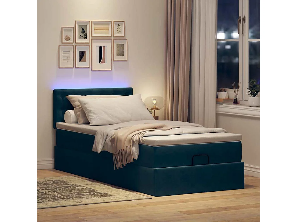 Cadre de lit ottoman avec matelas bleu foncé 90x190 cm velours