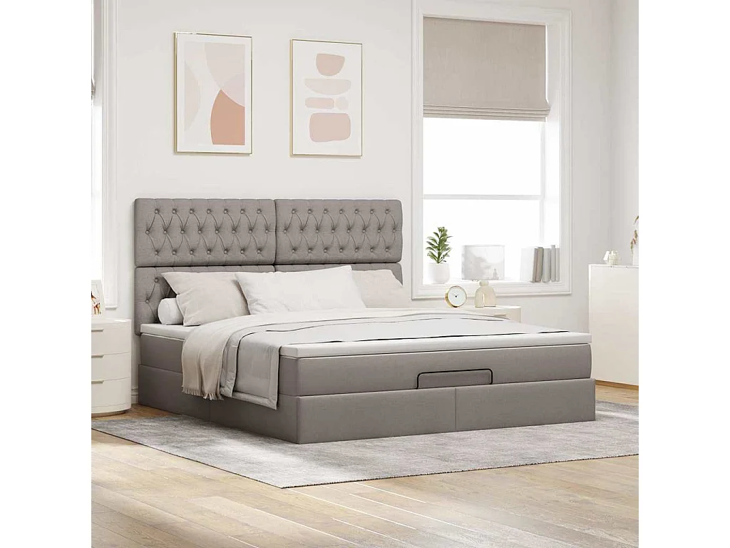 Cadre de lit ottoman avec matelas taupe 160x200 cm tissu