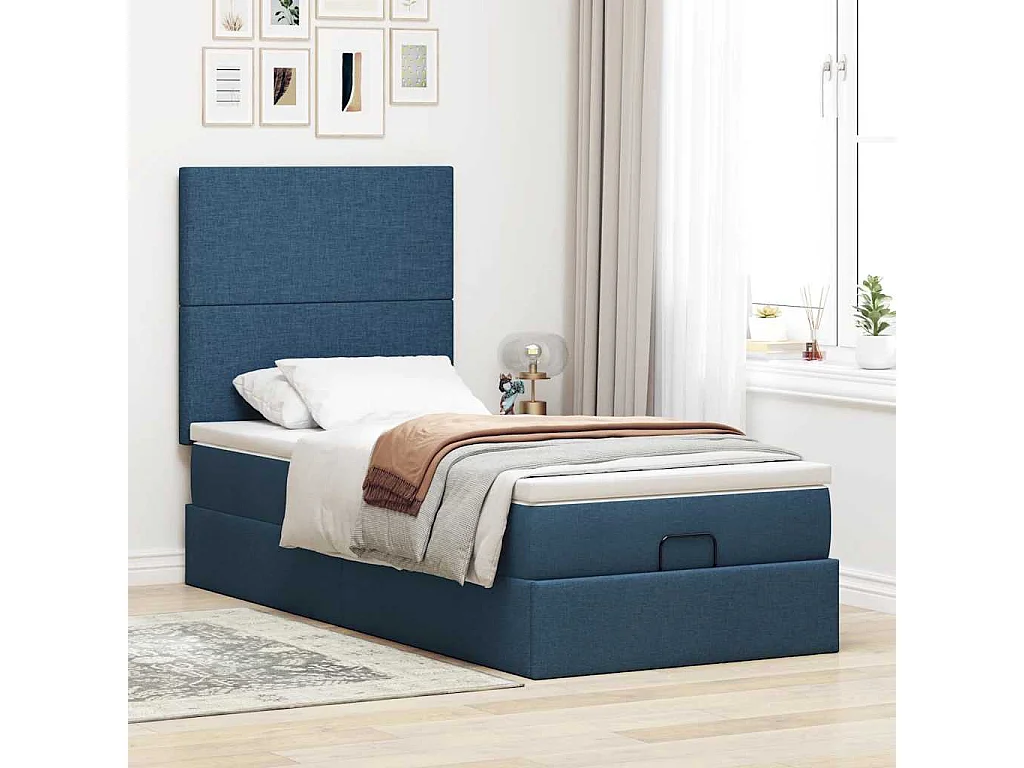 Estructura de cama otomana con colchón tela azul 100x200cm