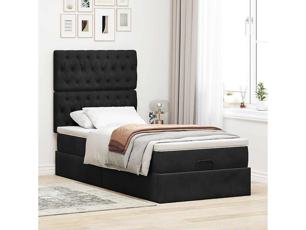 Cadre de lit ottoman avec matelas noir 90x190 cm velours