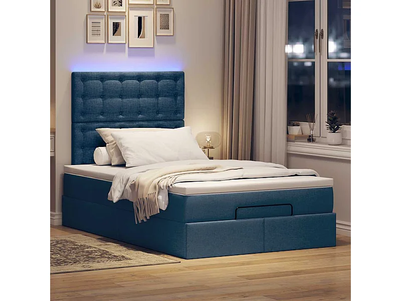 Cadre de lit ottoman avec matelas bleu 120x200 cm tissu