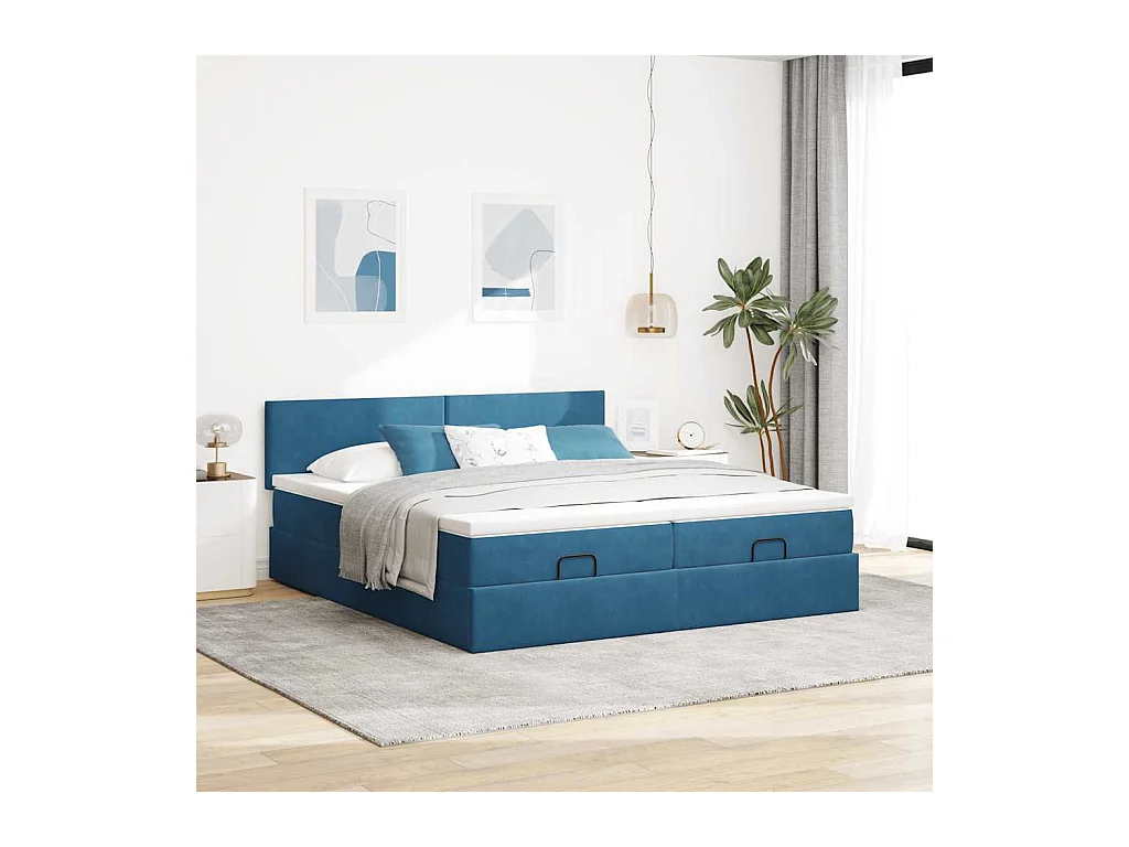 Cadre de lit ottoman avec matelas bleu foncé 180x200 cm velours
