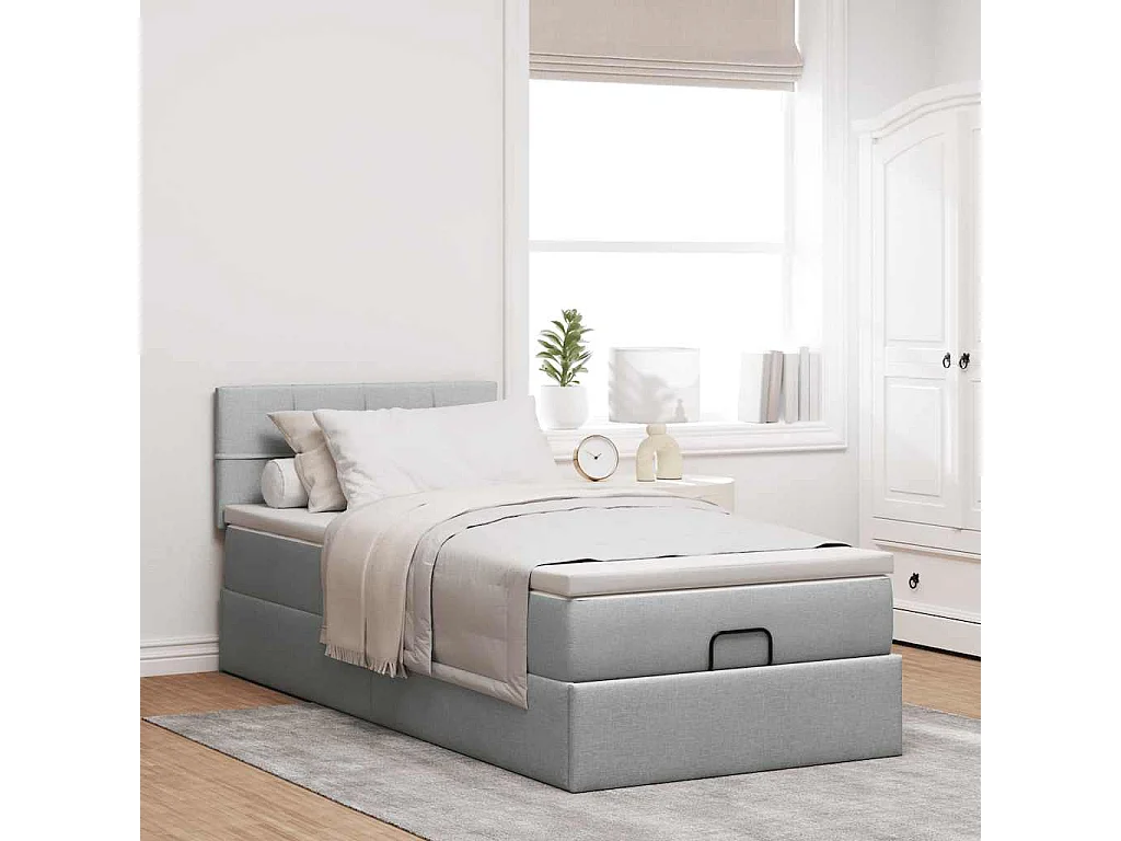 Cadre de lit ottoman avec matelas gris clair 80x200 cm tissu