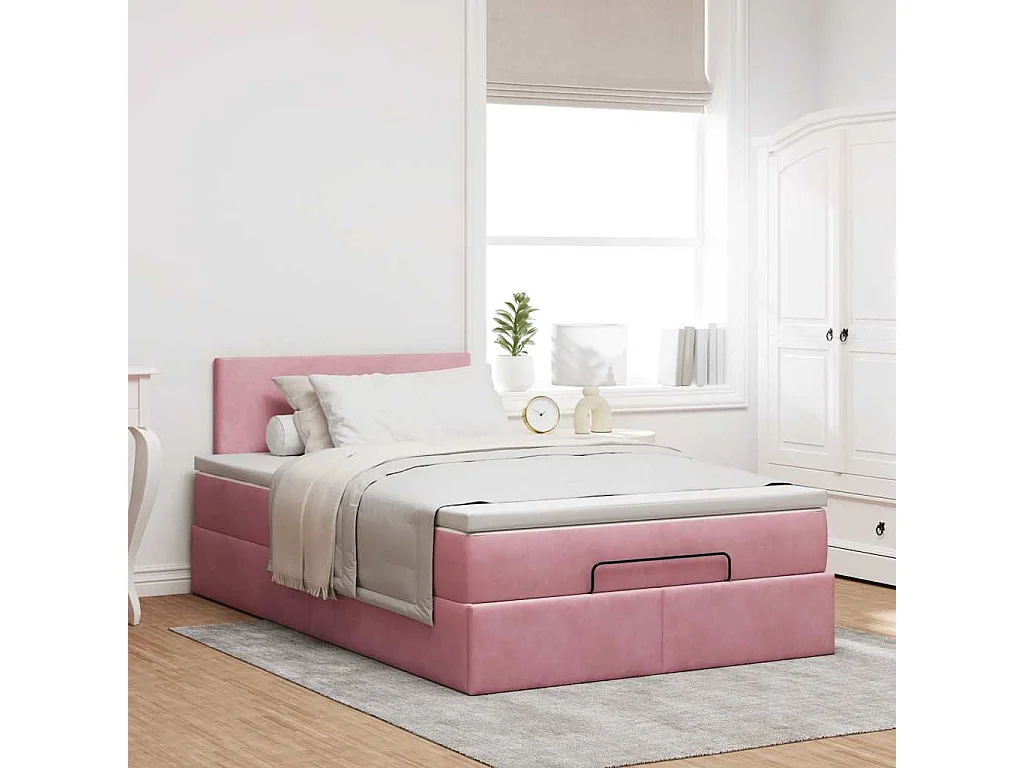 Cadre de lit ottoman avec matelas rose 120x190 cm velours