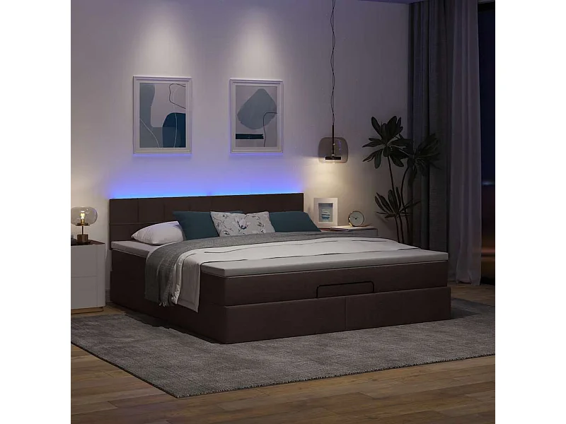 Bed poef met matras en LED's stof 180x200 cm donkerbruin