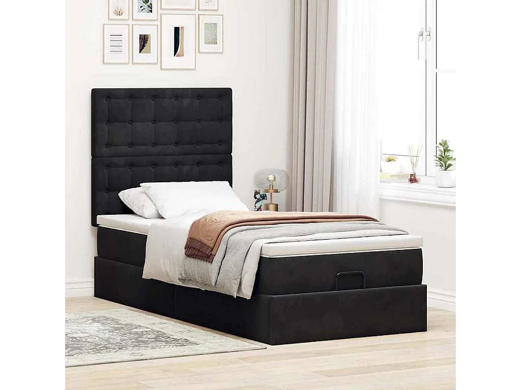 Cadre de lit ottoman avec matelas noir 80x200 cm velours