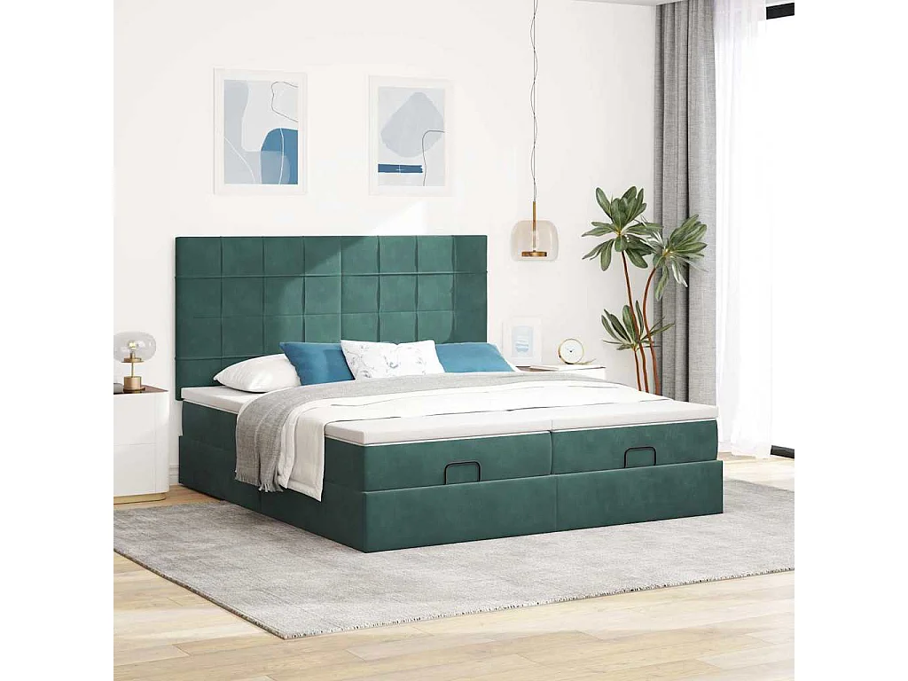 Estructura de cama otomana colchones terciopelo verde oscuro