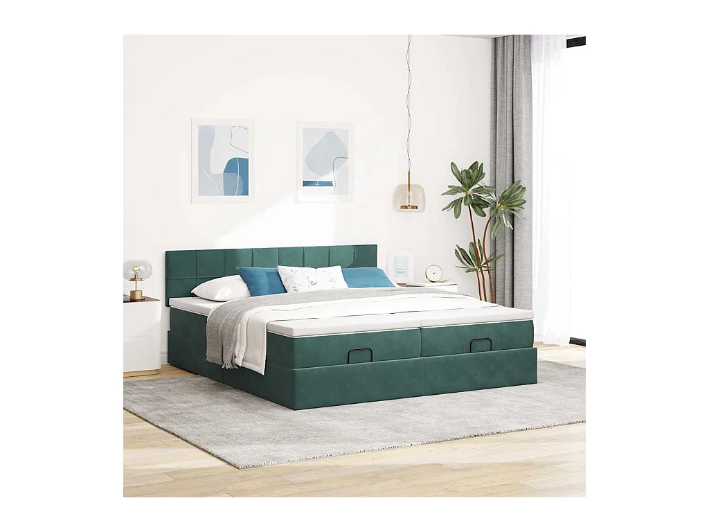 Cadre de lit ottoman avec matelas vert foncé 160x200 cm velours