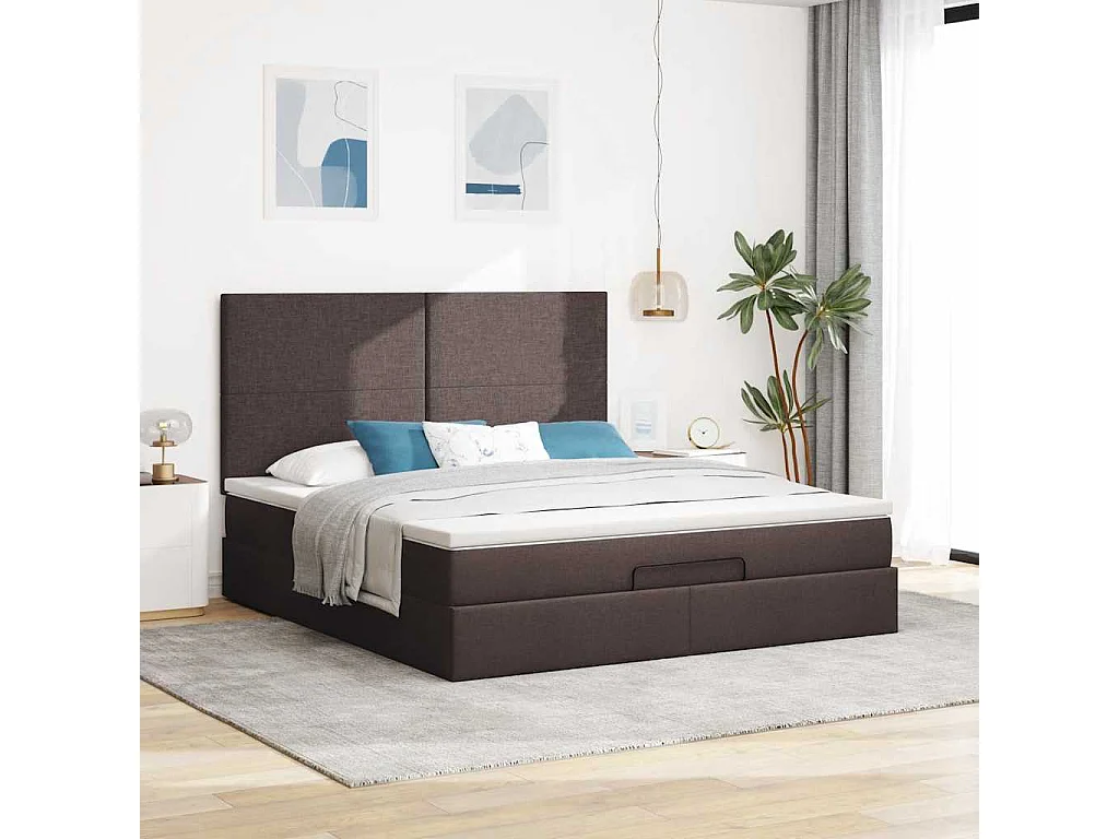 Cadre de lit ottoman avec matelas marron foncé 180x200 cm tissu