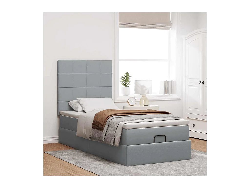 Estrutura cama otomana colchão 90x200 cm tecido cinzento claro
