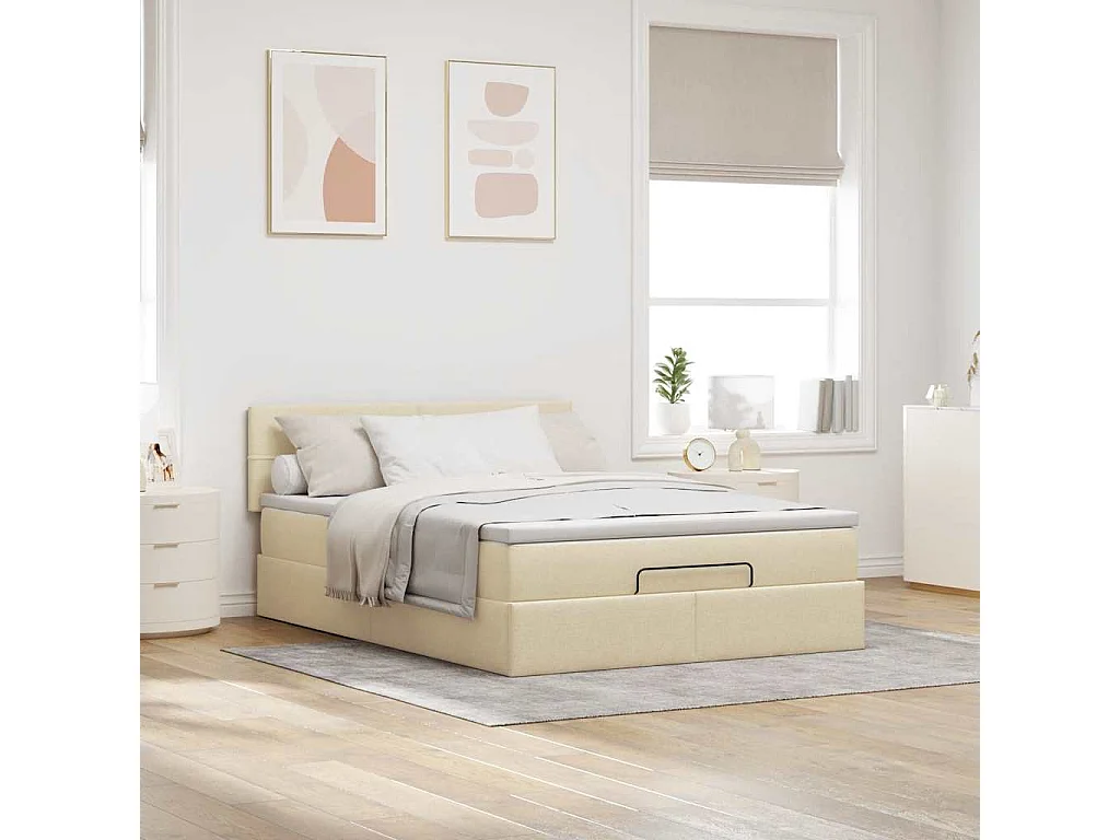 Cama otomana con colchón de tela color crema 140x200 cm