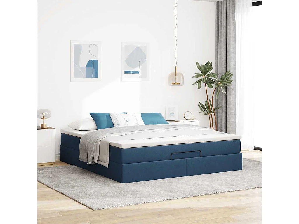 Cadre de lit ottoman avec matelas bleu 180x200 cm tissu