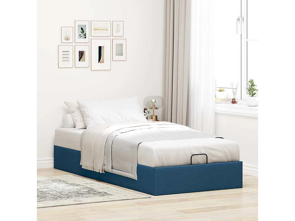 Cadre de lit ottoman sans matelas bleu 100x200 cm tissu