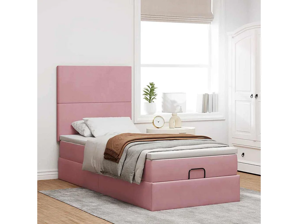 Cadre de lit ottoman avec matelas rose 90x190 cm velours