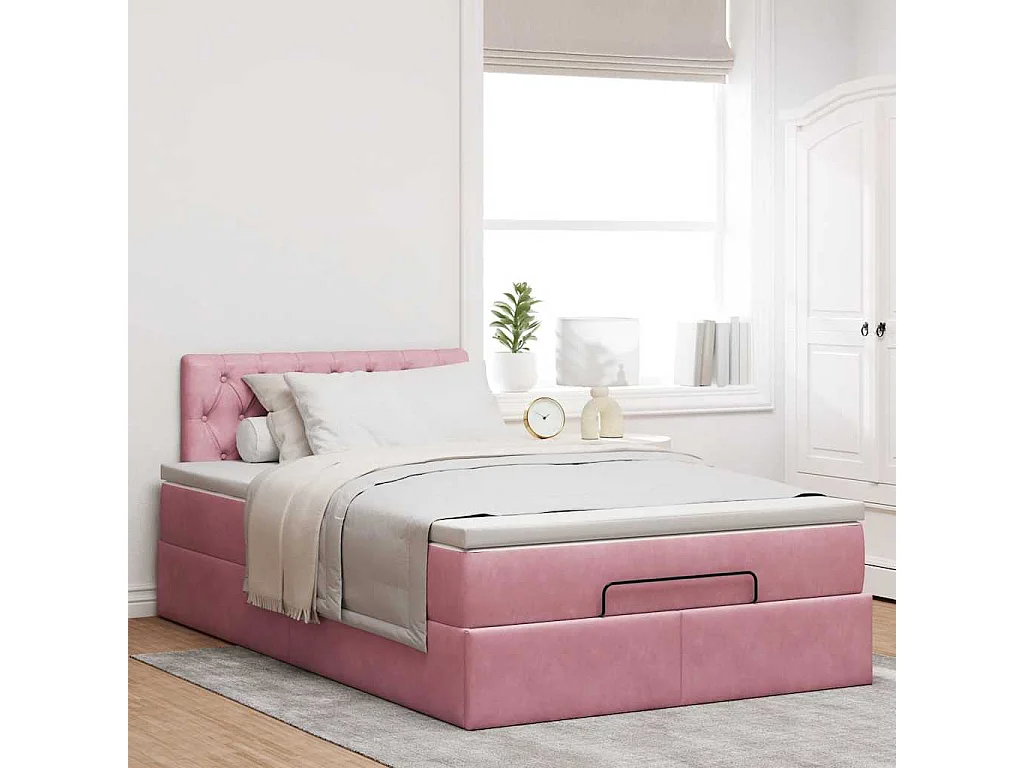 Estructura cama otomana con colchón terciopelo rosa 120x190 cm