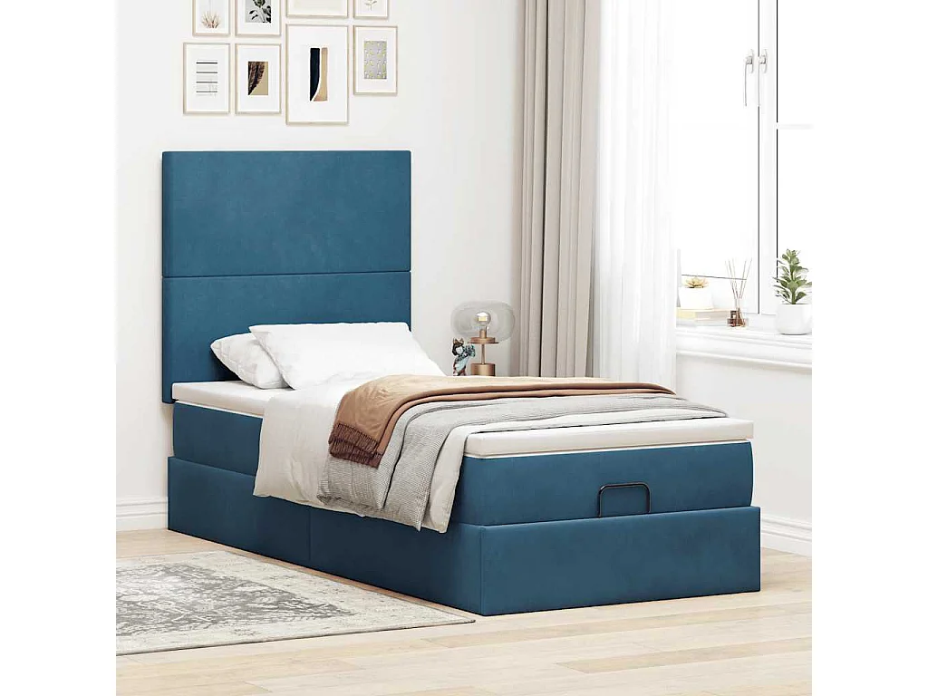 Cadre de lit ottoman avec matelas bleu foncé 80x200 cm velours
