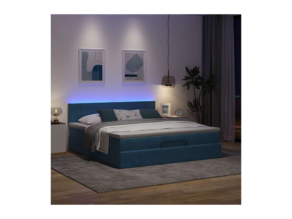 Cadre de lit ottoman avec matelas bleu foncé 160x200 cm velours