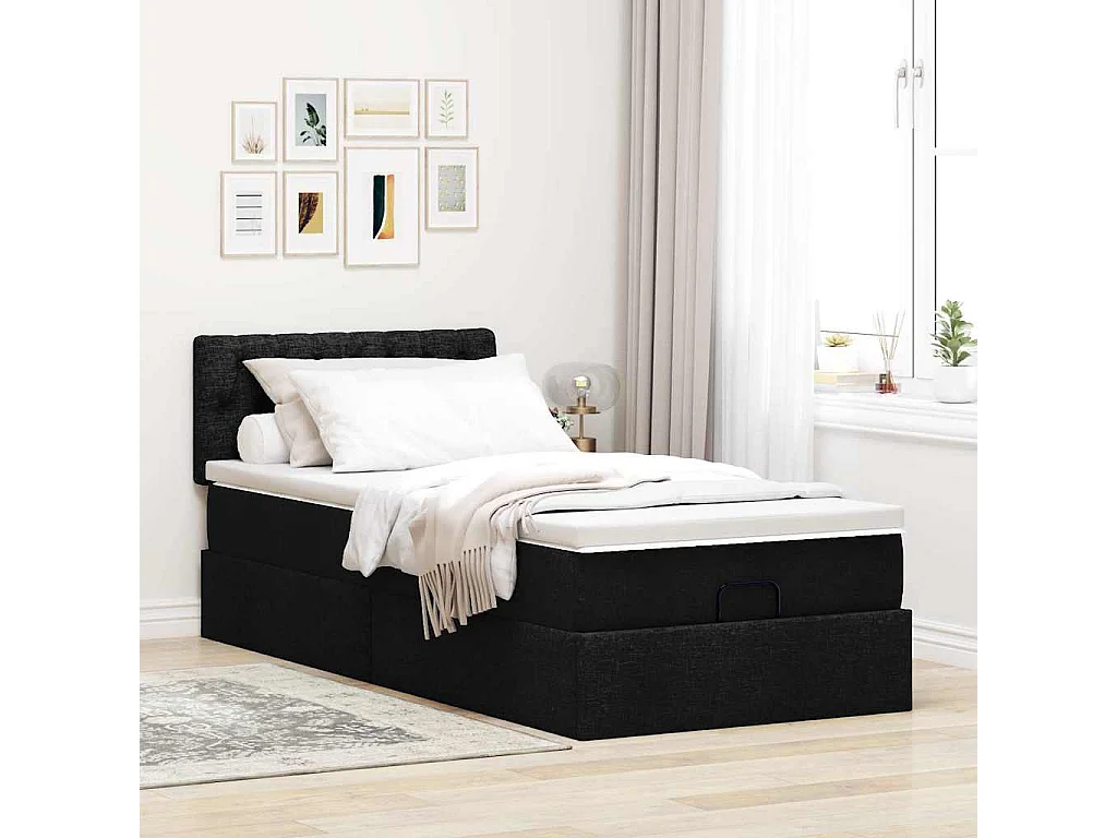 Cadre de lit ottoman avec matelas noir 100x200cm tissu