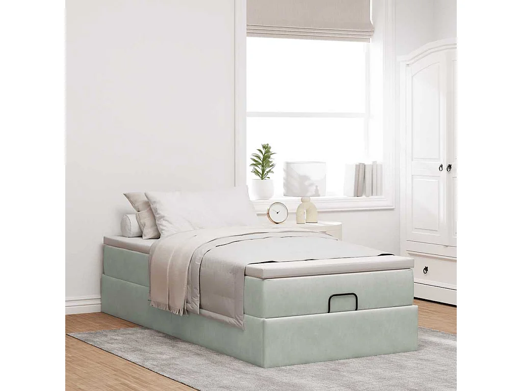 Cadre de lit ottoman et matelas gris clair 100x200 cm velours