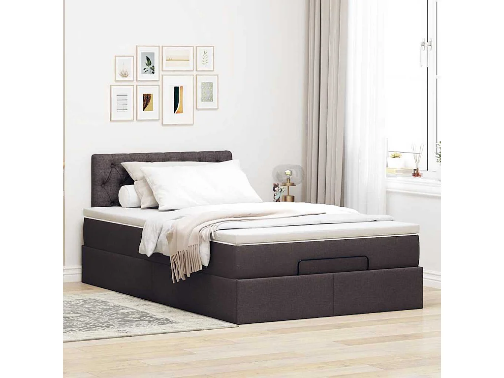 Cadre de lit ottoman avec matelas marron foncé 120x190 cm tissu