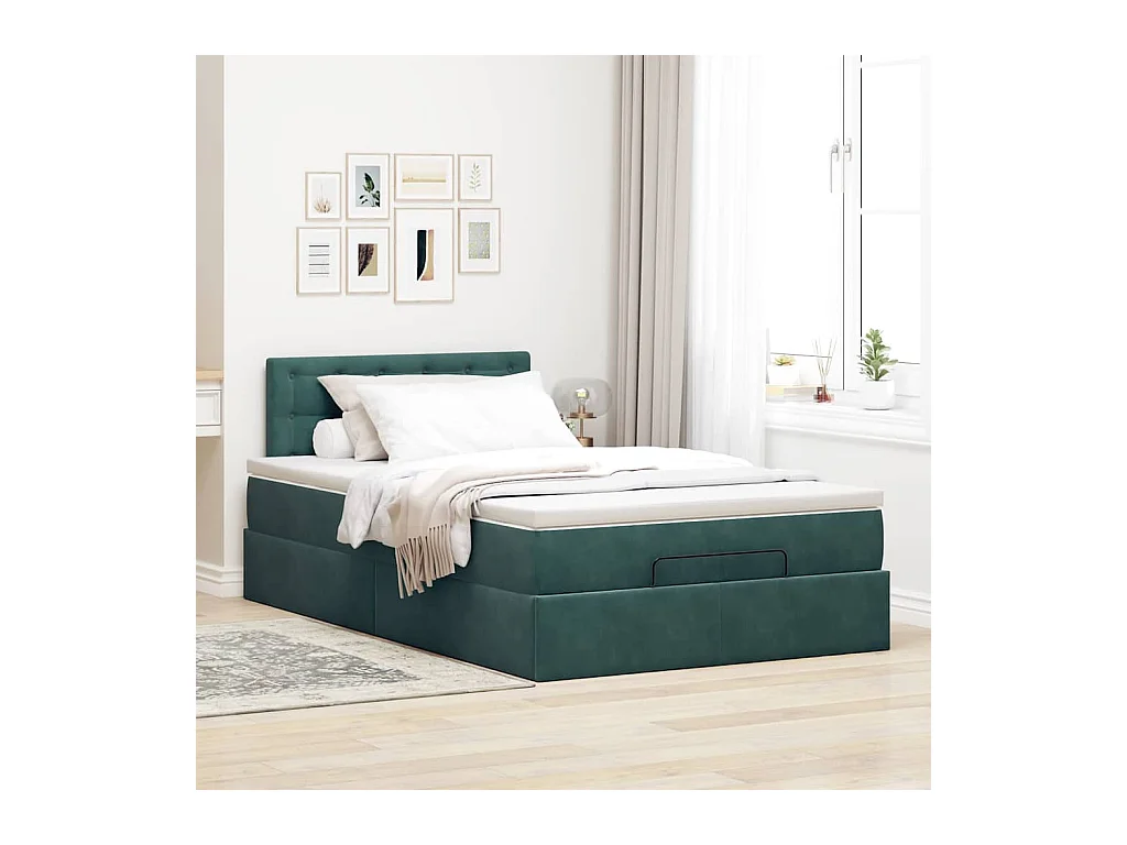 Cadre de lit ottoman avec matelas vert foncé 120x200 cm velours