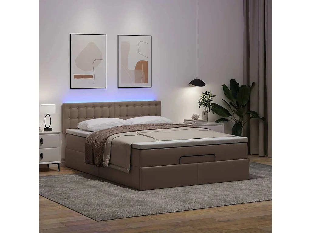 Cadre de lit ottoman et matelas cappuccino 140x190cm similicuir