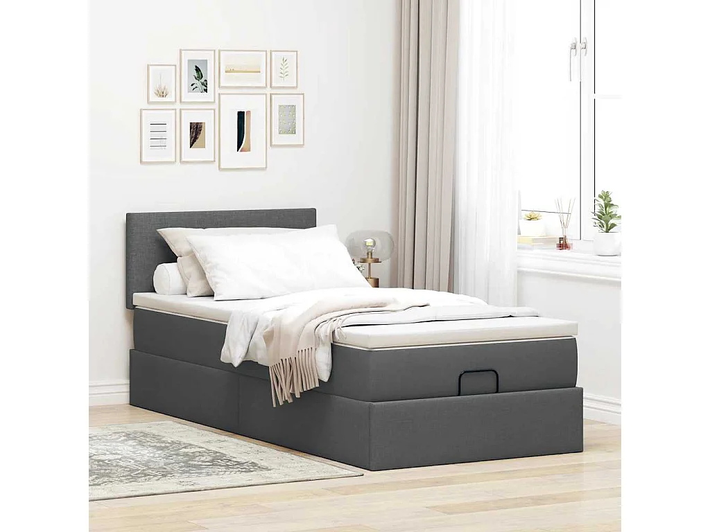 Lit ottoman avec matelas gris foncé 90x200 cm tissu