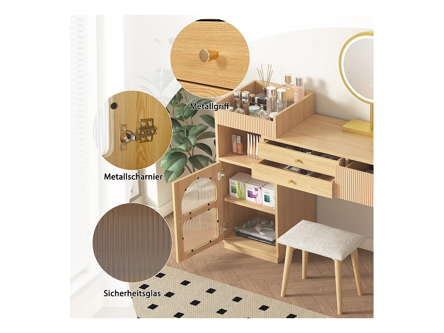 Coiffeuse avec miroir à LEDs avec 3 tiroirs et armoire latérale - Panneaux de particules - Naturel