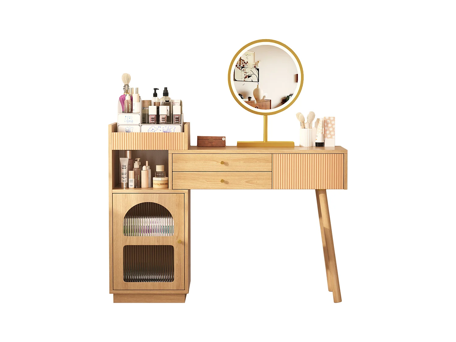 Coiffeuse avec miroir à LEDs avec 3 tiroirs et armoire latérale - Panneaux de particules - Naturel