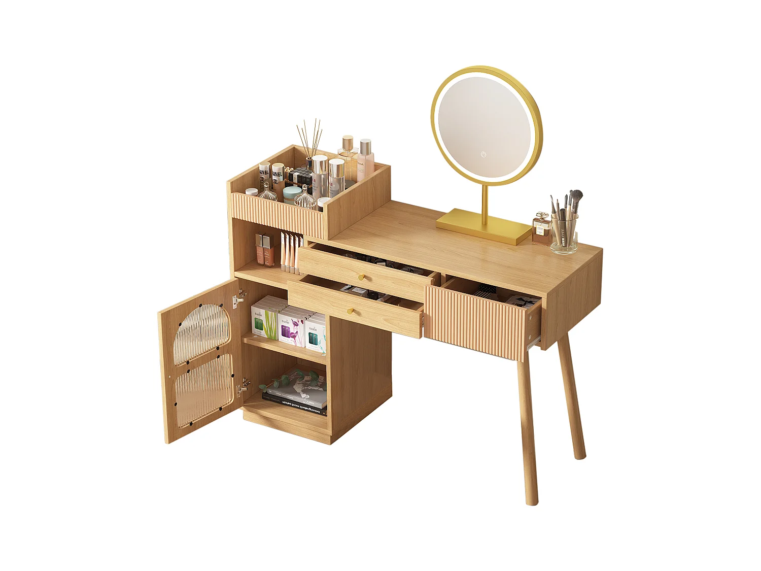 Coiffeuse avec miroir à LEDs avec 3 tiroirs et armoire latérale - Panneaux de particules - Naturel