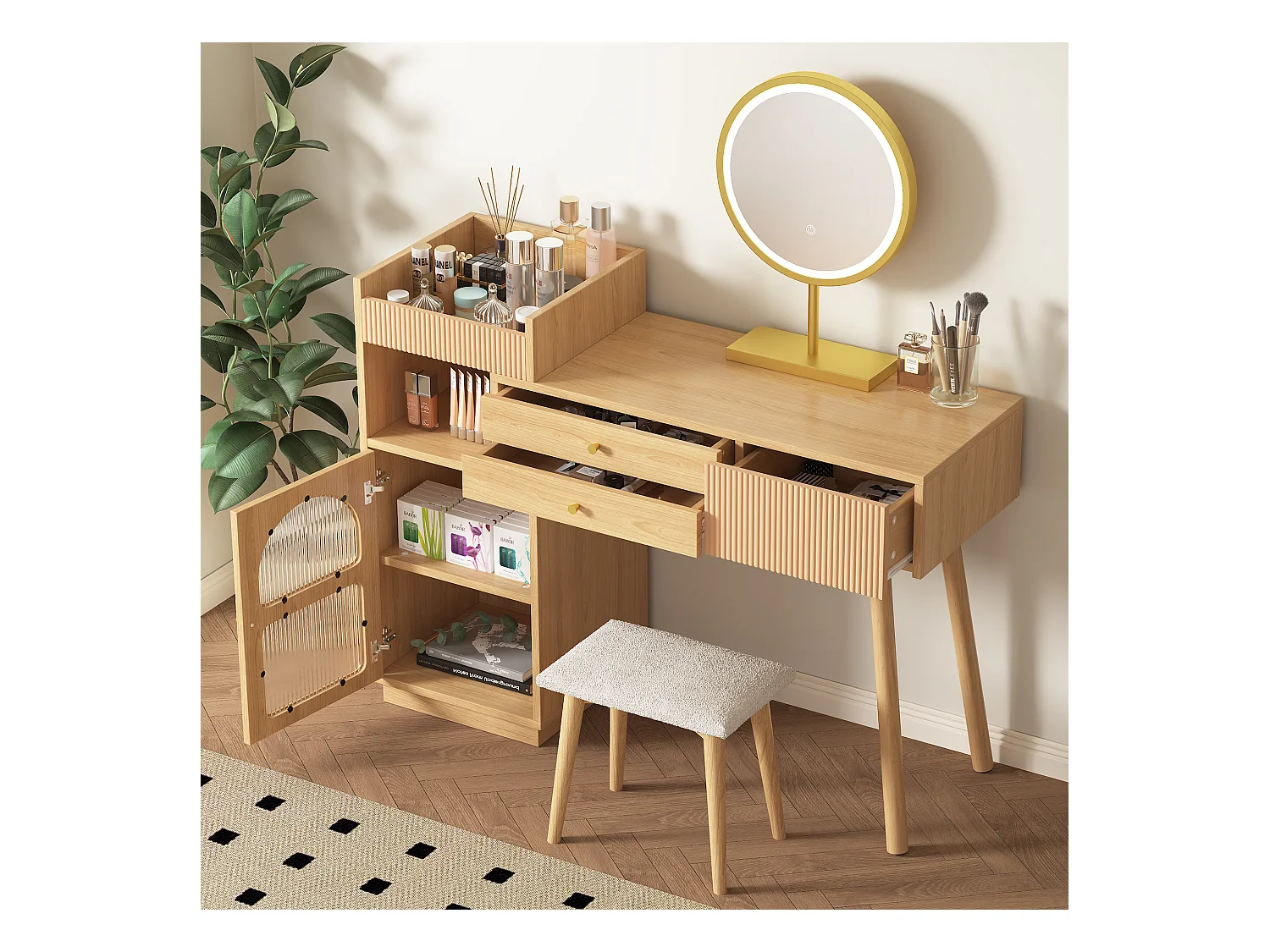 Coiffeuse avec miroir à LEDs avec 3 tiroirs et armoire latérale - Panneaux de particules - Naturel
