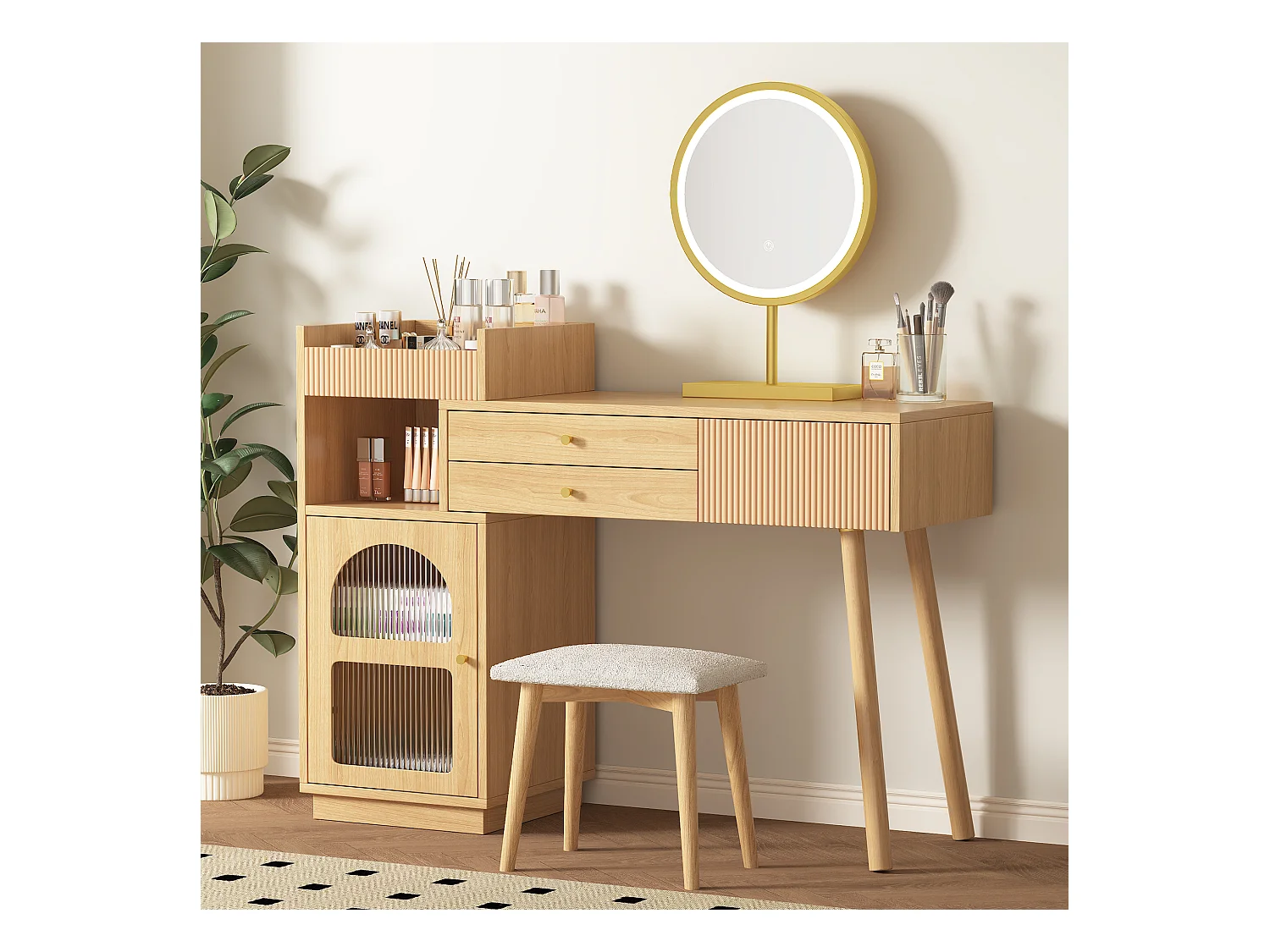 Coiffeuse avec miroir à LEDs avec 3 tiroirs et armoire latérale - Panneaux de particules - Naturel