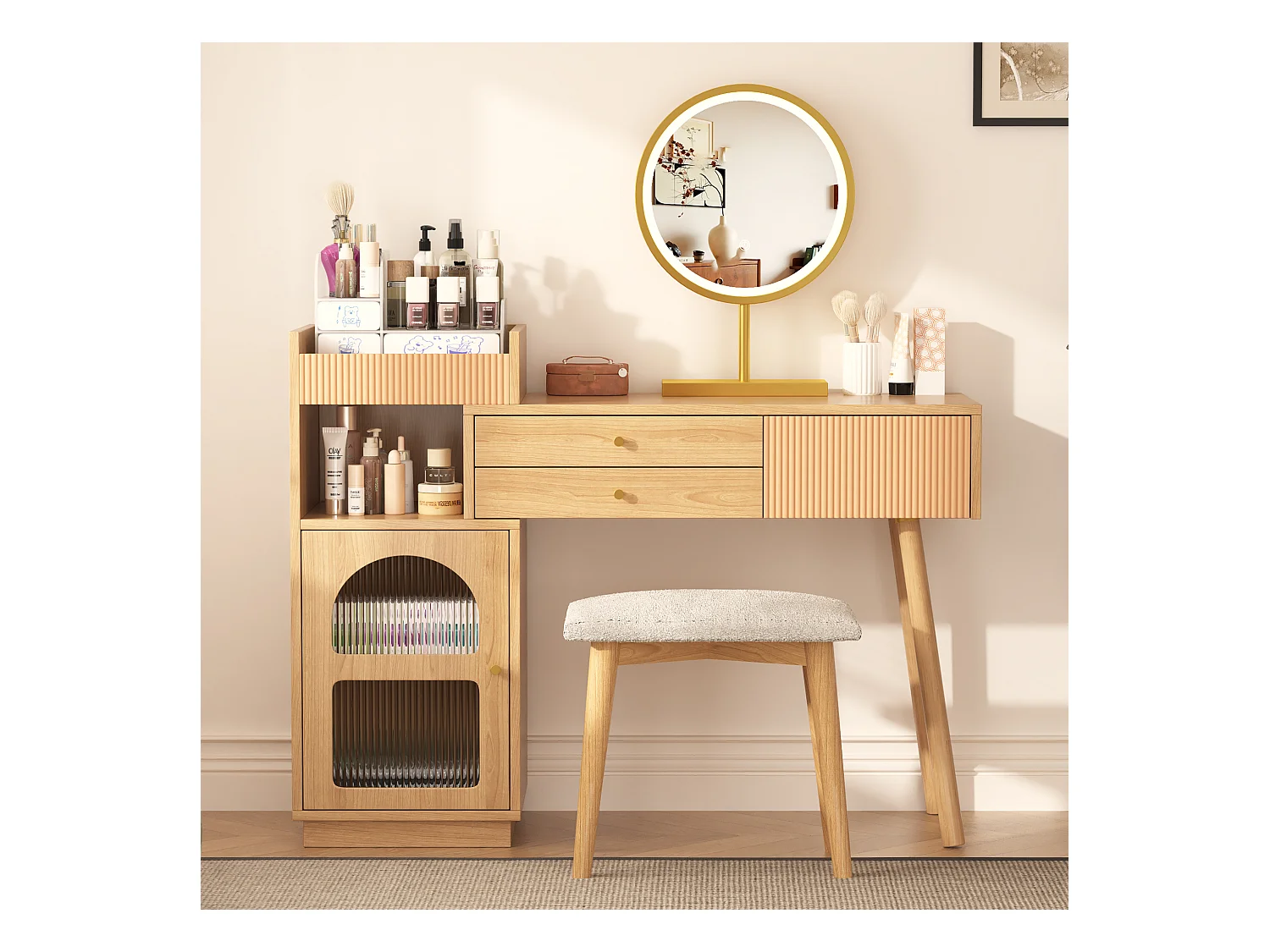 Coiffeuse avec miroir à LEDs avec 3 tiroirs et armoire latérale - Panneaux de particules - Naturel