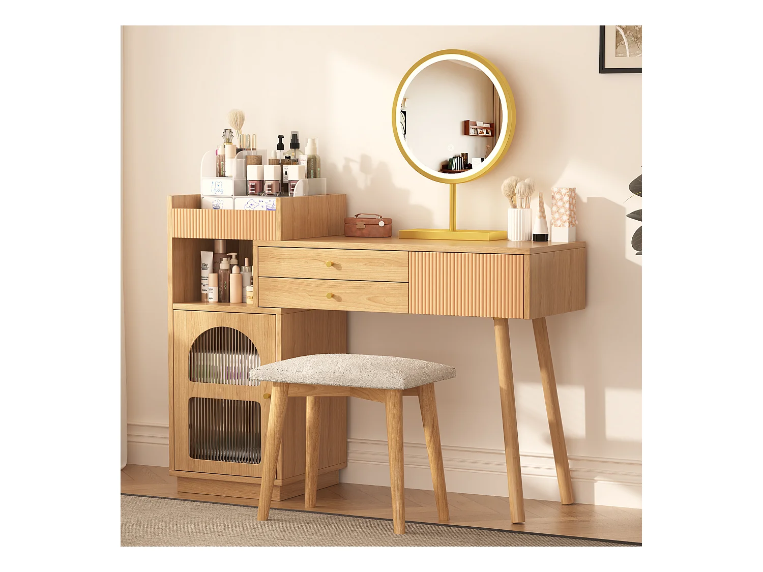 Coiffeuse avec miroir à LEDs avec 3 tiroirs et armoire latérale - Panneaux de particules - Naturel