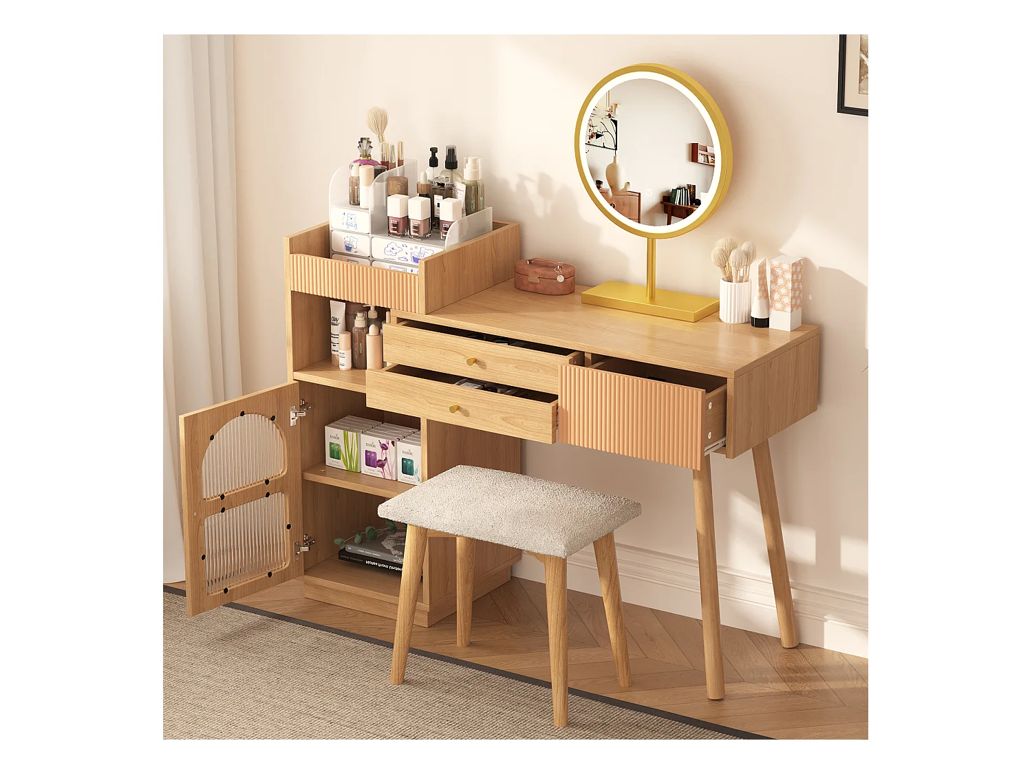 Coiffeuse avec miroir à LEDs avec 3 tiroirs et armoire latérale - Panneaux de particules - Naturel
