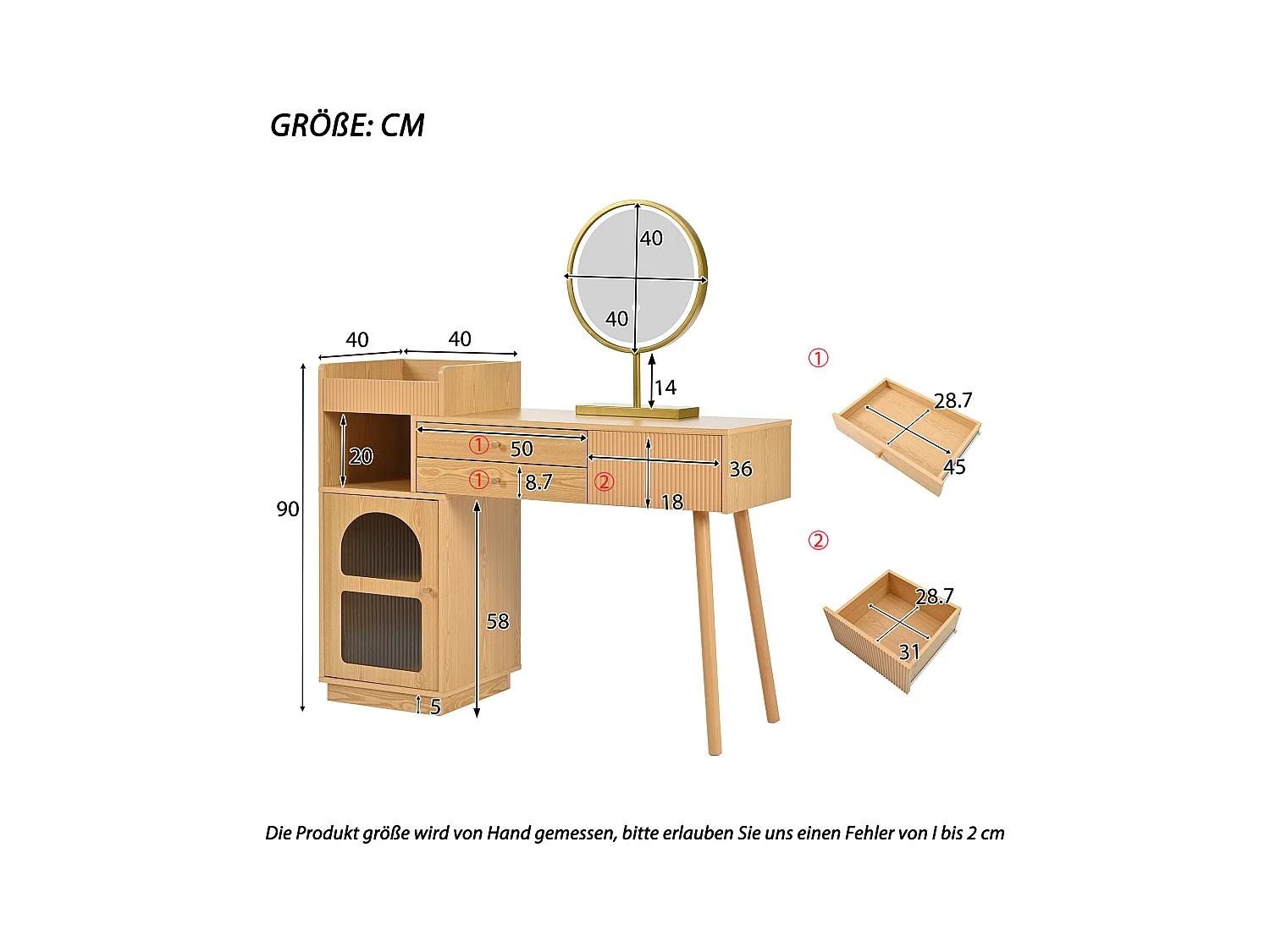 Coiffeuse avec miroir à LEDs avec 3 tiroirs et armoire latérale - Panneaux de particules - Naturel