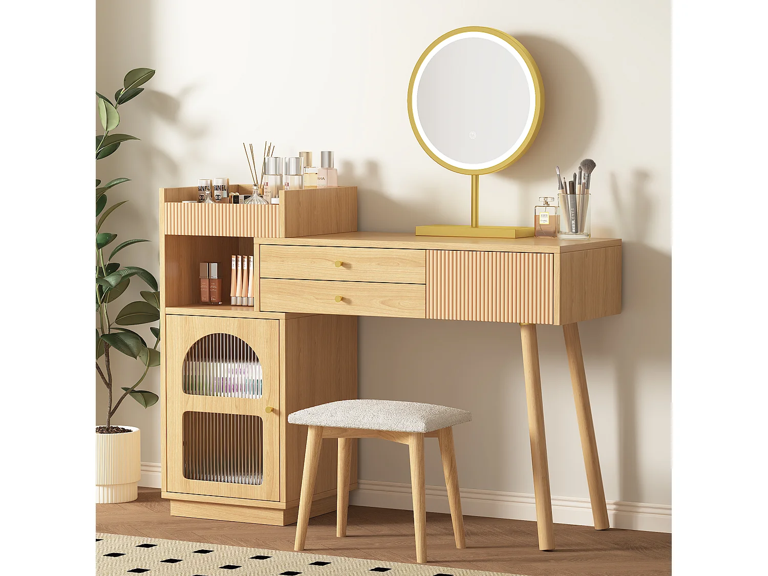 Coiffeuse avec miroir à LEDs avec 3 tiroirs et armoire latérale - Panneaux de particules - Naturel