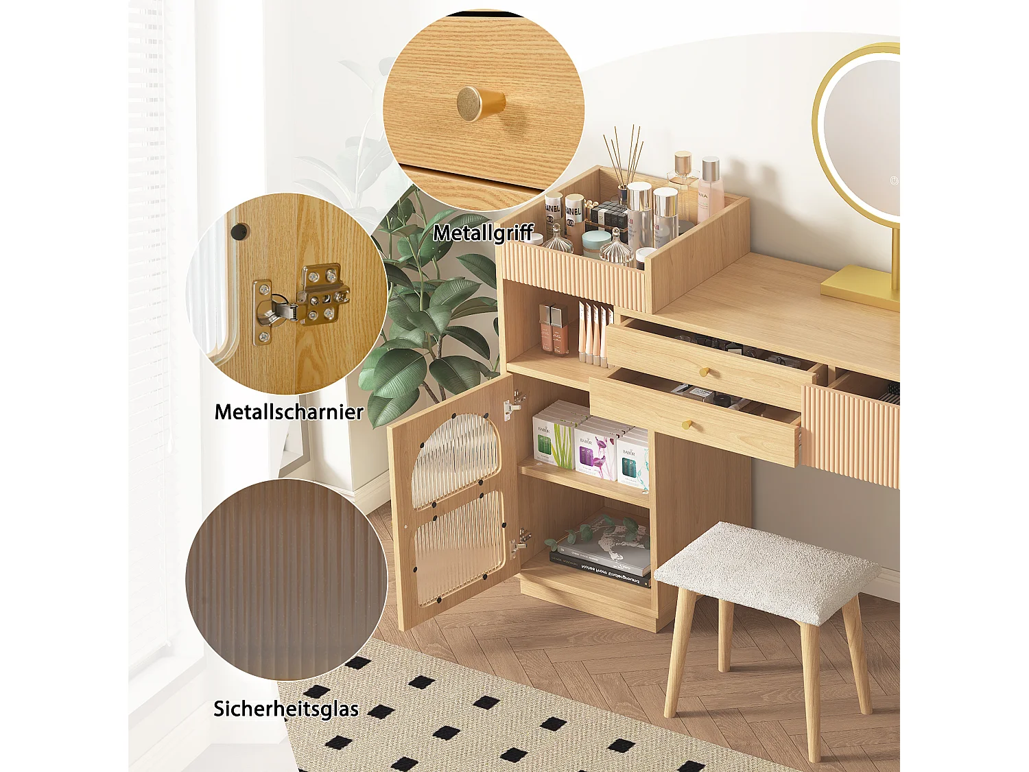 Coiffeuse avec miroir à LEDs avec 3 tiroirs et armoire latérale - Panneaux de particules - Naturel