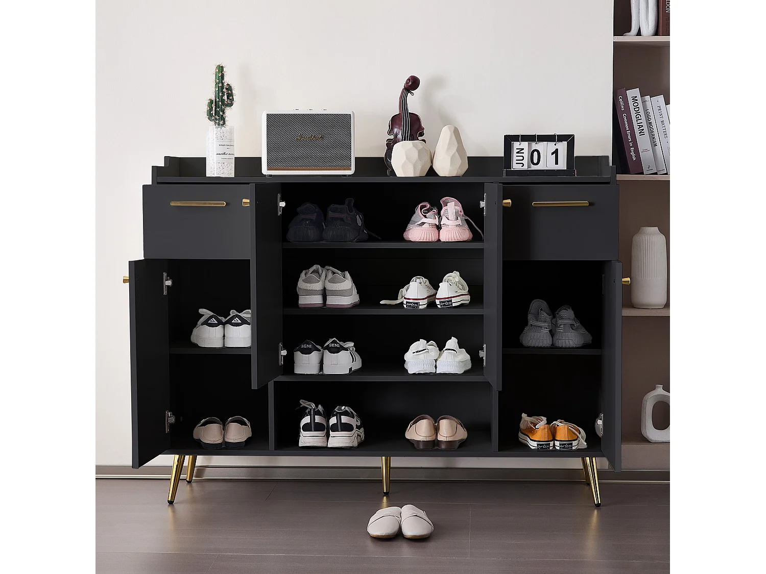 Scarpiera con 2 cassetti e 4 ante - 130 x 37 x 100 cm - gambe in metallo e pannelli di particelle - Nero