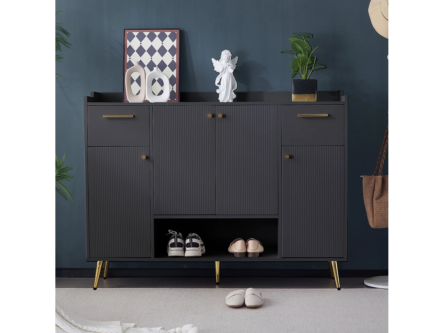 Scarpiera con 2 cassetti e 4 ante - 130 x 37 x 100 cm - gambe in metallo e pannelli di particelle - Nero