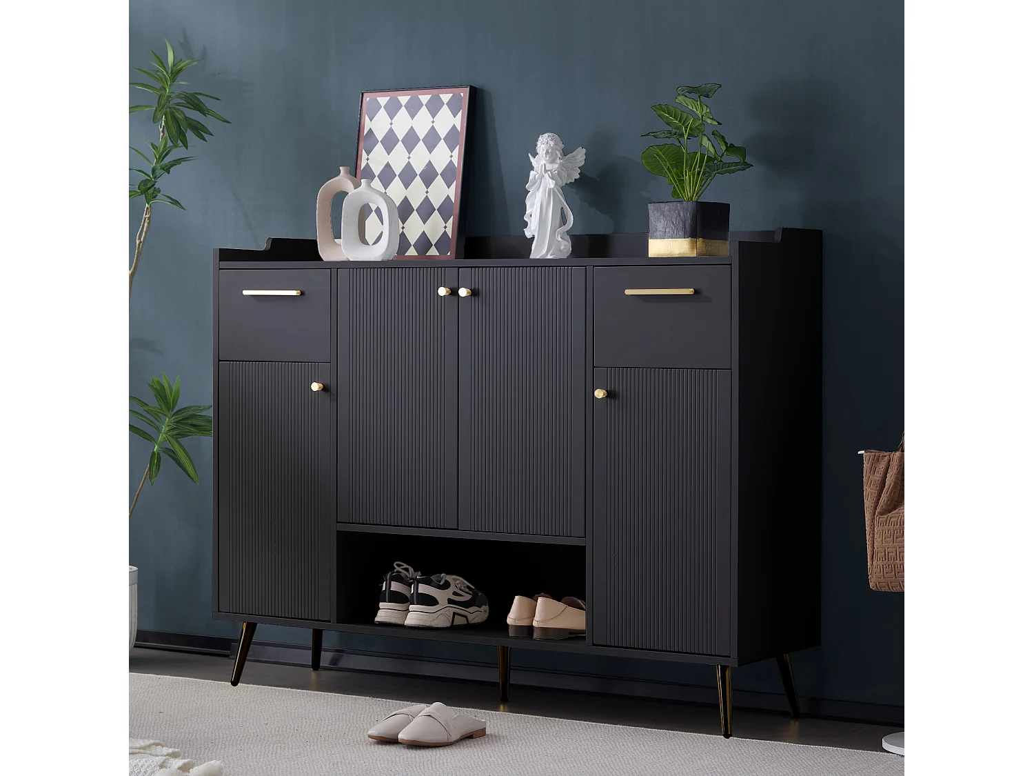 Scarpiera con 2 cassetti e 4 ante - 130 x 37 x 100 cm - gambe in metallo e pannelli di particelle - Nero