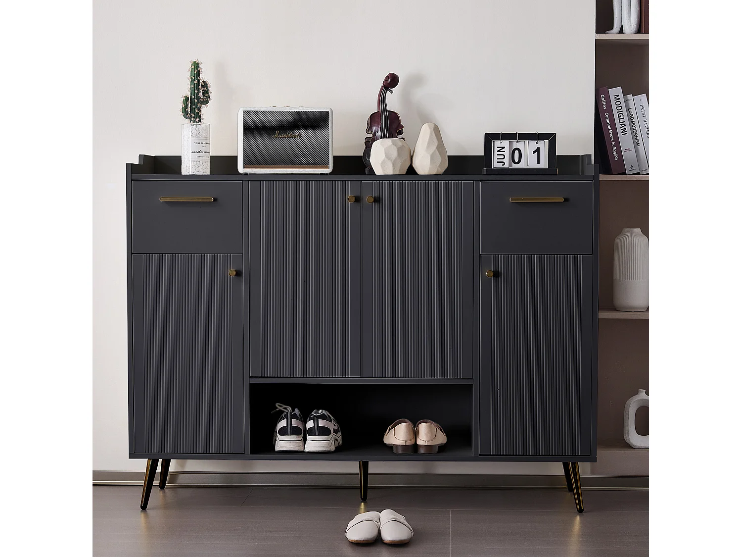 Meuble à chaussures avec 2 tiroirs et 4 portes - 130 x 37 x 100 cm - pieds en métal et panneaux de particules - Noir